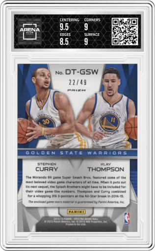 Stephen Curry / Klay Thompson from the 2014-15 Panini Spectra set graded by Arena Club and given an overall grade of 9.
