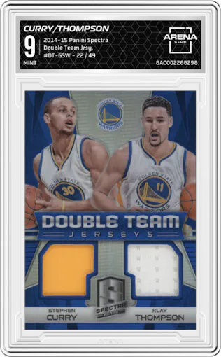 Stephen Curry / Klay Thompson from the 2014-15 Panini Spectra set graded by Arena Club and given an overall grade of 9.