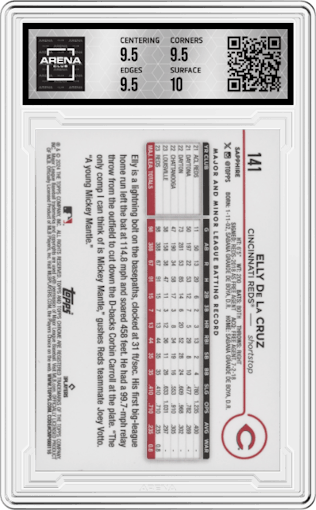 Elly De La Cruz from the 2024 Topps Chrome Sapphire set graded by Arena Club and given an overall grade of 10.