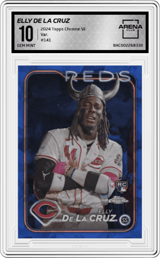 Elly De La Cruz from the 2024 Topps Chrome Sapphire set graded by Arena Club and given an overall grade of 10.