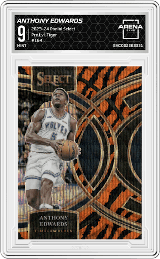 Anthony Edwards from the 2023-24 Panini Select  set featuring a Tiger parallel graded by Arena Club and given an overall grade of 9.