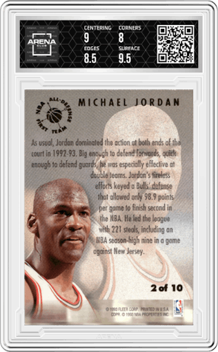 Michael Jordan from the 1993-94 Fleer Ultra set graded by Arena Club and given an overall grade of 8.5.