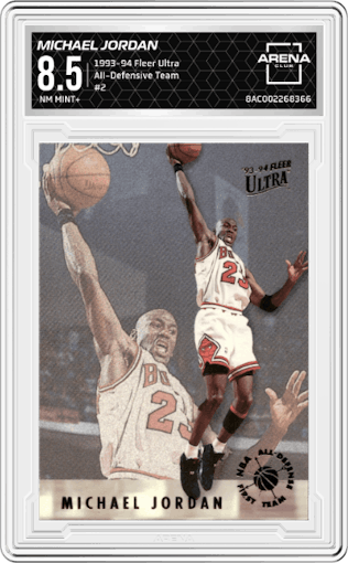 Michael Jordan from the 1993-94 Fleer Ultra set graded by Arena Club and given an overall grade of 8.5.