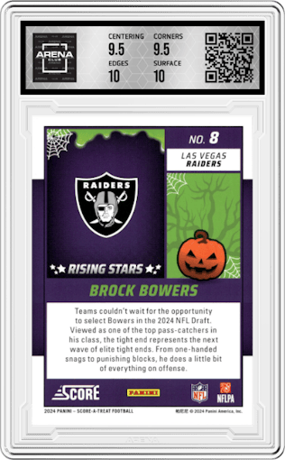 Brock Bowers from the 2024 Score-a-Treat set featuring a Bats parallel graded by Arena Club and given an overall grade of 10.