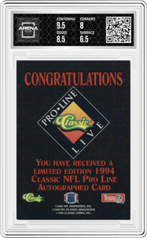 Charles Johnson from the 1994 Classic Pro Line Live set graded by Arena Club and given an overall grade of 7.