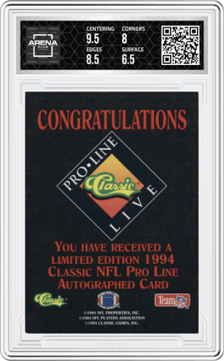 Charles Johnson from the 1994 Classic Pro Line Live set graded by Arena Club and given an overall grade of 7.