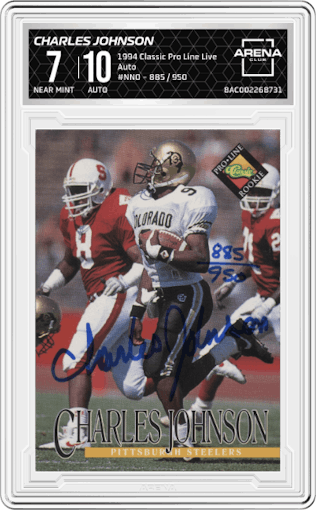 Charles Johnson from the 1994 Classic Pro Line Live set graded by Arena Club and given an overall grade of 7.