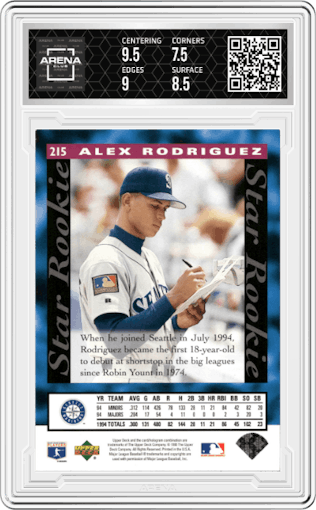 Alex Rodriguez from the 1995 Upper Deck set graded by Arena Club and given an overall grade of 8.