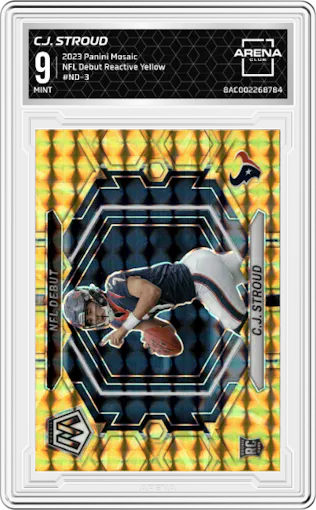 C.J. Stroud  from the 2023 Panini Mosaic set featuring a Reactive Yellow parallel graded by Arena Club and given an overall grade of 9.
