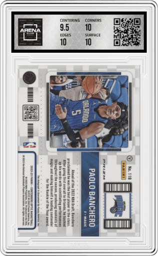 Paolo Banchero from the 2022-23 Panini Contenders Optic set featuring a Red Wave parallel graded by Arena Club and given an overall grade of 10.