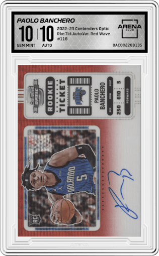 Paolo Banchero from the 2022-23 Panini Contenders Optic set featuring a Red Wave parallel graded by Arena Club and given an overall grade of 10.