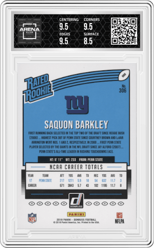 Saquon Barkley from the 2018 Panini Donruss set graded by Arena Club and given an overall grade of 9.