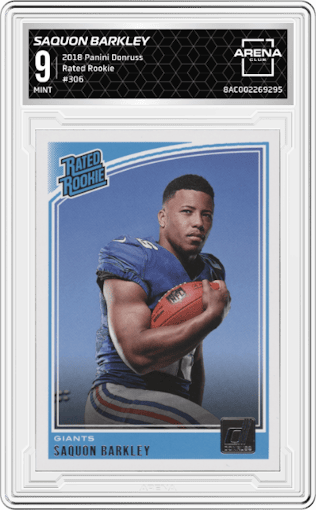 Saquon Barkley from the 2018 Panini Donruss set graded by Arena Club and given an overall grade of 9.