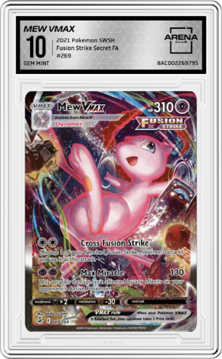 Mew VMAX from the 2021 Pokemon SWSH set graded by Arena Club and given an overall grade of 10.