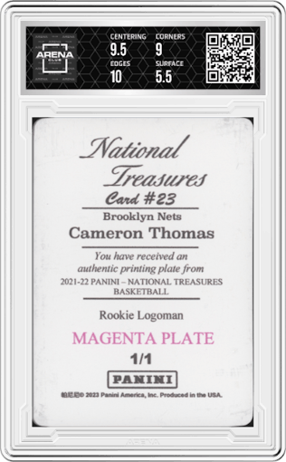 Cameron Thomas from the 2021-22 Panini National Treasures set featuring a Magenta Plate parallel graded by Arena Club and given an overall grade of 6.