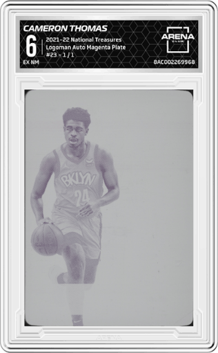 Cameron Thomas from the 2021-22 Panini National Treasures set featuring a Magenta Plate parallel graded by Arena Club and given an overall grade of 6.