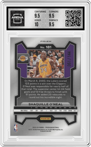 Shaquille O'Neal from the 2023-24 Panini Prizm set featuring a Blue Sparkle parallel graded by Arena Club and given an overall grade of 10.