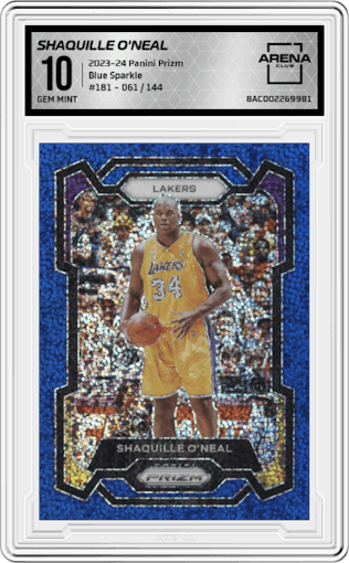 Shaquille O'Neal from the 2023-24 Panini Prizm set featuring a Blue Sparkle parallel graded by Arena Club and given an overall grade of 10.