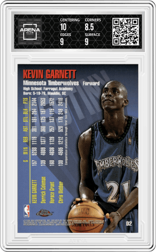 Kevin Garnett from the 1997-98 Topps Chrome set featuring a Refractor parallel graded by Arena Club and given an overall grade of 9.
