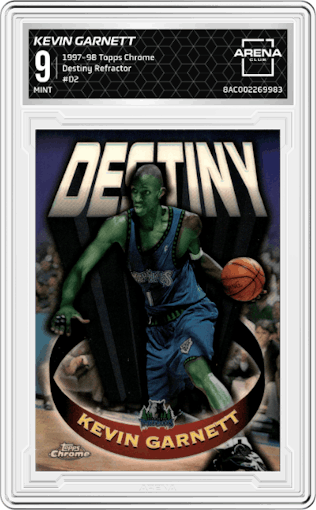 Kevin Garnett from the 1997-98 Topps Chrome set featuring a Refractor parallel graded by Arena Club and given an overall grade of 9.