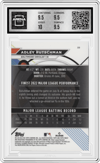 Adley Rutschman from the 2023 Topps Finest set featuring a Purple Refractor parallel graded by Arena Club and given an overall grade of 10.