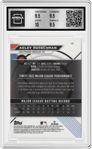 Adley Rutschman from the 2023 Topps Finest set featuring a Purple Refractor parallel graded by Arena Club and given an overall grade of 10.
