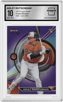 Adley Rutschman from the 2023 Topps Finest set featuring a Purple Refractor parallel graded by Arena Club and given an overall grade of 10.