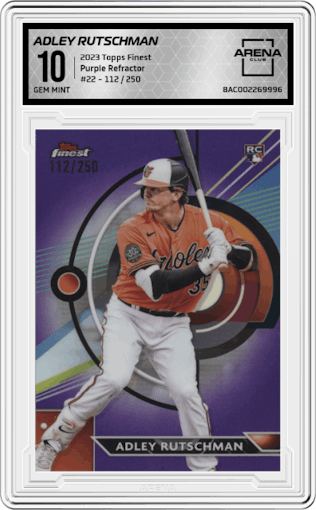 Adley Rutschman from the 2023 Topps Finest set featuring a Purple Refractor parallel graded by Arena Club and given an overall grade of 10.