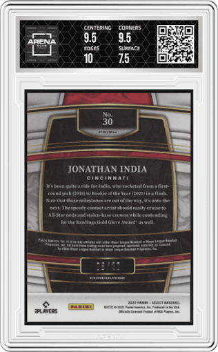 Jonathan India from the 2022 Panini Select set featuring a Tie Dye parallel graded by Arena Club and given an overall grade of 8.