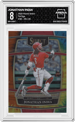 Jonathan India from the 2022 Panini Select set featuring a Tie Dye parallel graded by Arena Club and given an overall grade of 8.