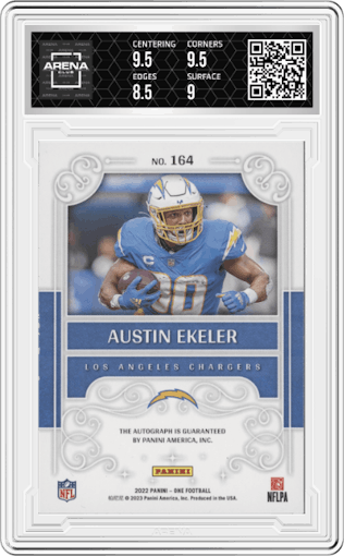 Austin Ekeler from the 2023 Panini One set featuring a Bronze parallel graded by Arena Club and given an overall grade of 9.