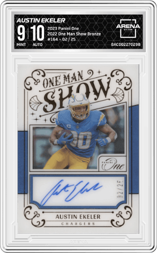 Austin Ekeler from the 2023 Panini One set featuring a Bronze parallel graded by Arena Club and given an overall grade of 9.