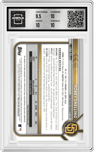 Robby Snelling from the 2022 Bowman Draft set featuring a Gold Wave Refractor parallel graded by Arena Club and given an overall grade of 10.