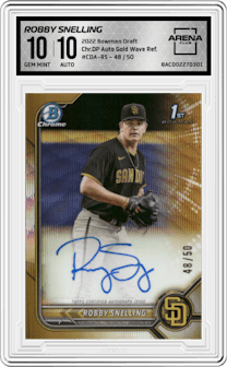 Robby Snelling from the 2022 Bowman Draft set featuring a Gold Wave Refractor parallel graded by Arena Club and given an overall grade of 10.