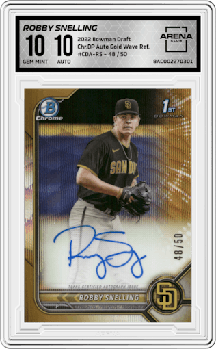 Robby Snelling from the 2022 Bowman Draft set featuring a Gold Wave Refractor parallel graded by Arena Club and given an overall grade of 10.
