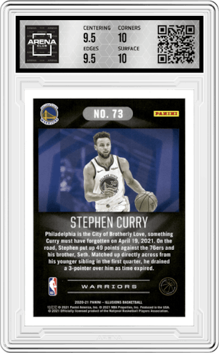 Stephen Curry from the 2020-21 Panini Illusions  set featuring a Trophy Collection Blue parallel graded by Arena Club and given an overall grade of 10.