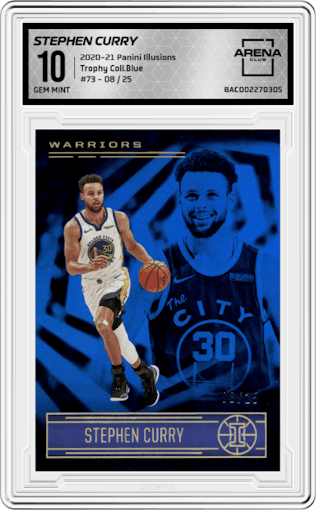 Stephen Curry from the 2020-21 Panini Illusions  set featuring a Trophy Collection Blue parallel graded by Arena Club and given an overall grade of 10.