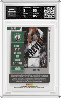 Jayson Tatum from the 2018-19 Panini Contenders set graded by Arena Club and given an overall grade of 9.