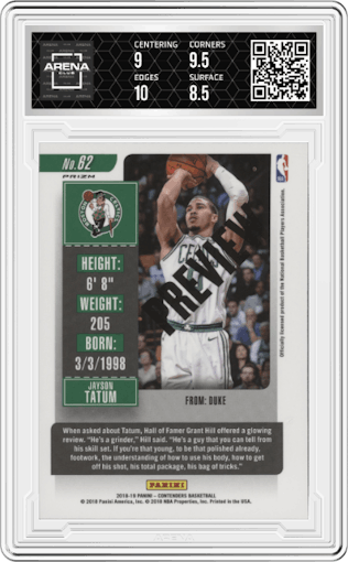Jayson Tatum from the 2018-19 Panini Contenders set graded by Arena Club and given an overall grade of 9.