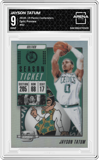 Jayson Tatum from the 2018-19 Panini Contenders set graded by Arena Club and given an overall grade of 9.