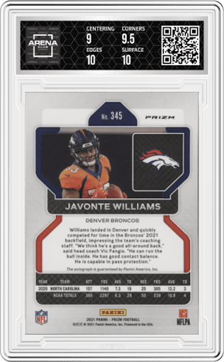 Javonte Williams from the 2021 Panini Prizm set graded by Arena Club and given an overall grade of 9.5.