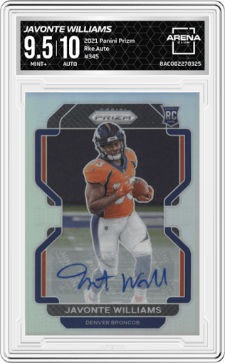 Javonte Williams from the 2021 Panini Prizm set graded by Arena Club and given an overall grade of 9.5.