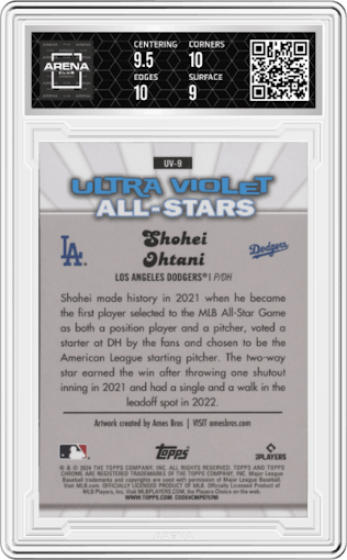 Shohei Ohtani from the 2024 Topps Chrome set graded by Arena Club and given an overall grade of 9.5.