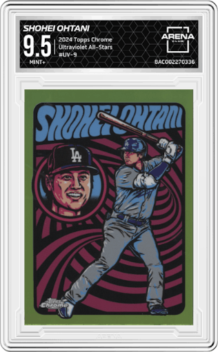 Shohei Ohtani from the 2024 Topps Chrome set graded by Arena Club and given an overall grade of 9.5.