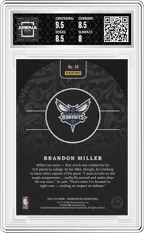 Brandon Miller from the 2023-24 Panini Crown Royale  set featuring a Purple parallel graded by Arena Club and given an overall grade of 8.5.