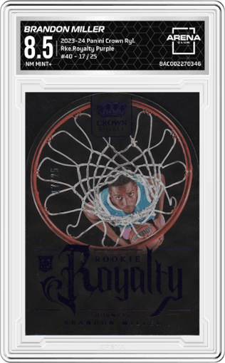 Brandon Miller from the 2023-24 Panini Crown Royale  set featuring a Purple parallel graded by Arena Club and given an overall grade of 8.5.