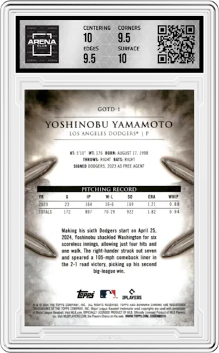 Yoshinobu Yamamoto from the 2024 Bowman Chrome set featuring a Mini Diamond Refractor parallel graded by Arena Club and given an overall grade of 10.