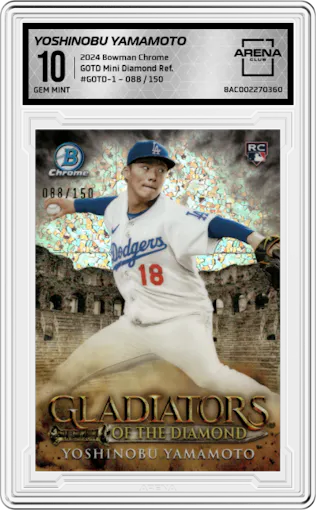 Yoshinobu Yamamoto from the 2024 Bowman Chrome set featuring a Mini Diamond Refractor parallel graded by Arena Club and given an overall grade of 10.