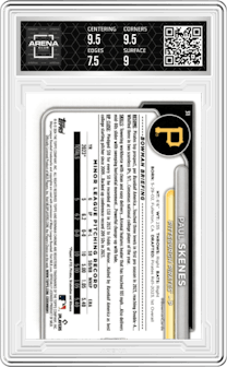 Paul Skenes from the 2024 Bowman Chrome set featuring a Wave Refractor parallel graded by Arena Club and given an overall grade of 8.
