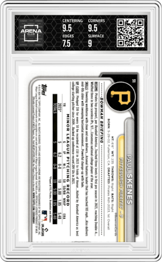 Paul Skenes from the 2024 Bowman Chrome set featuring a Wave Refractor parallel graded by Arena Club and given an overall grade of 8.